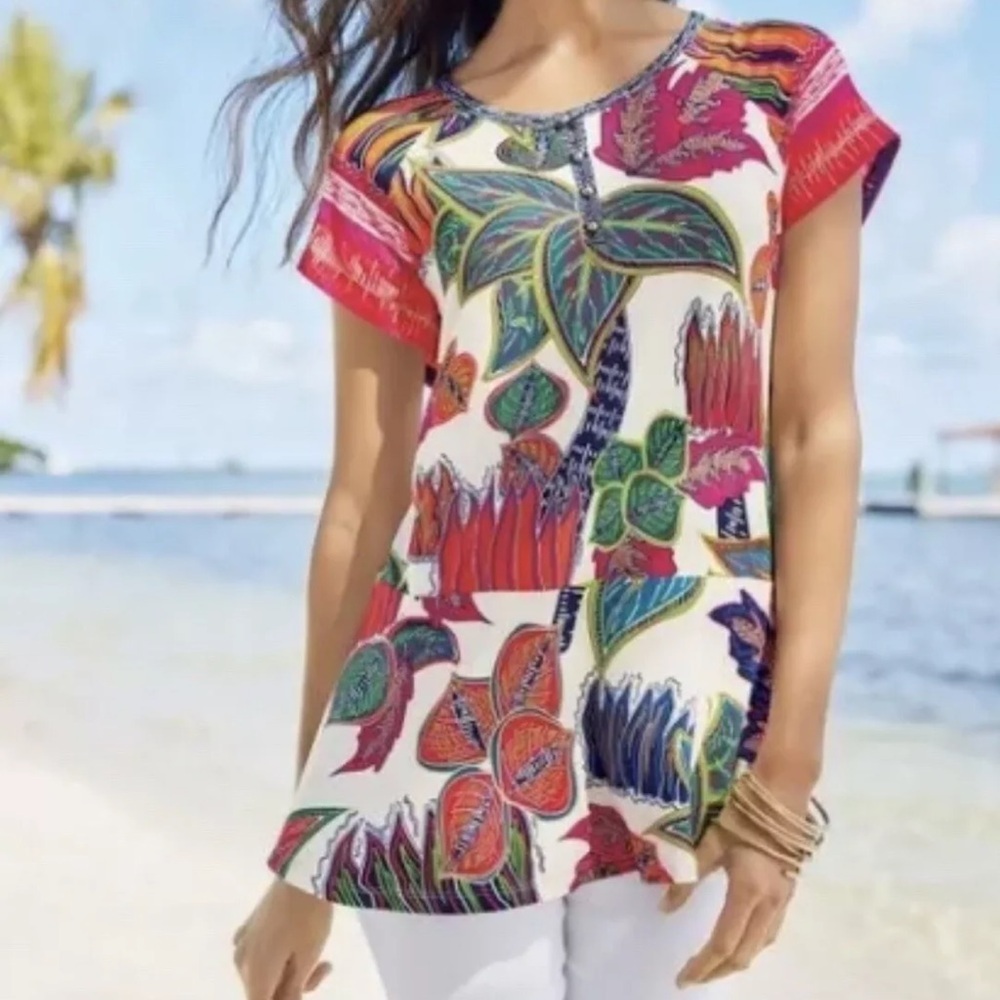 Soft Surroundings Womens Tigerwood Placed Print l‎ Tunic Top 2X Tropical Summer